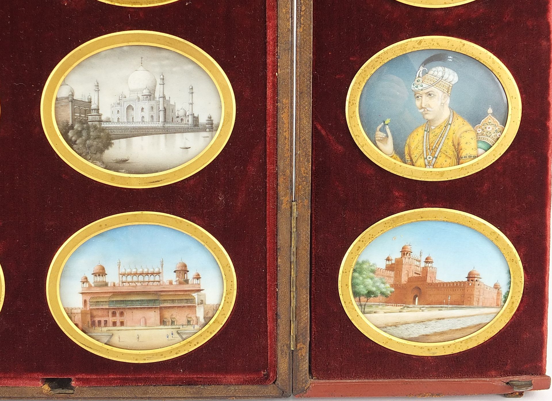 Sixteen Indian Mughal oval portrait miniatures hand painted onto ivory of temples and - Image 5 of 7