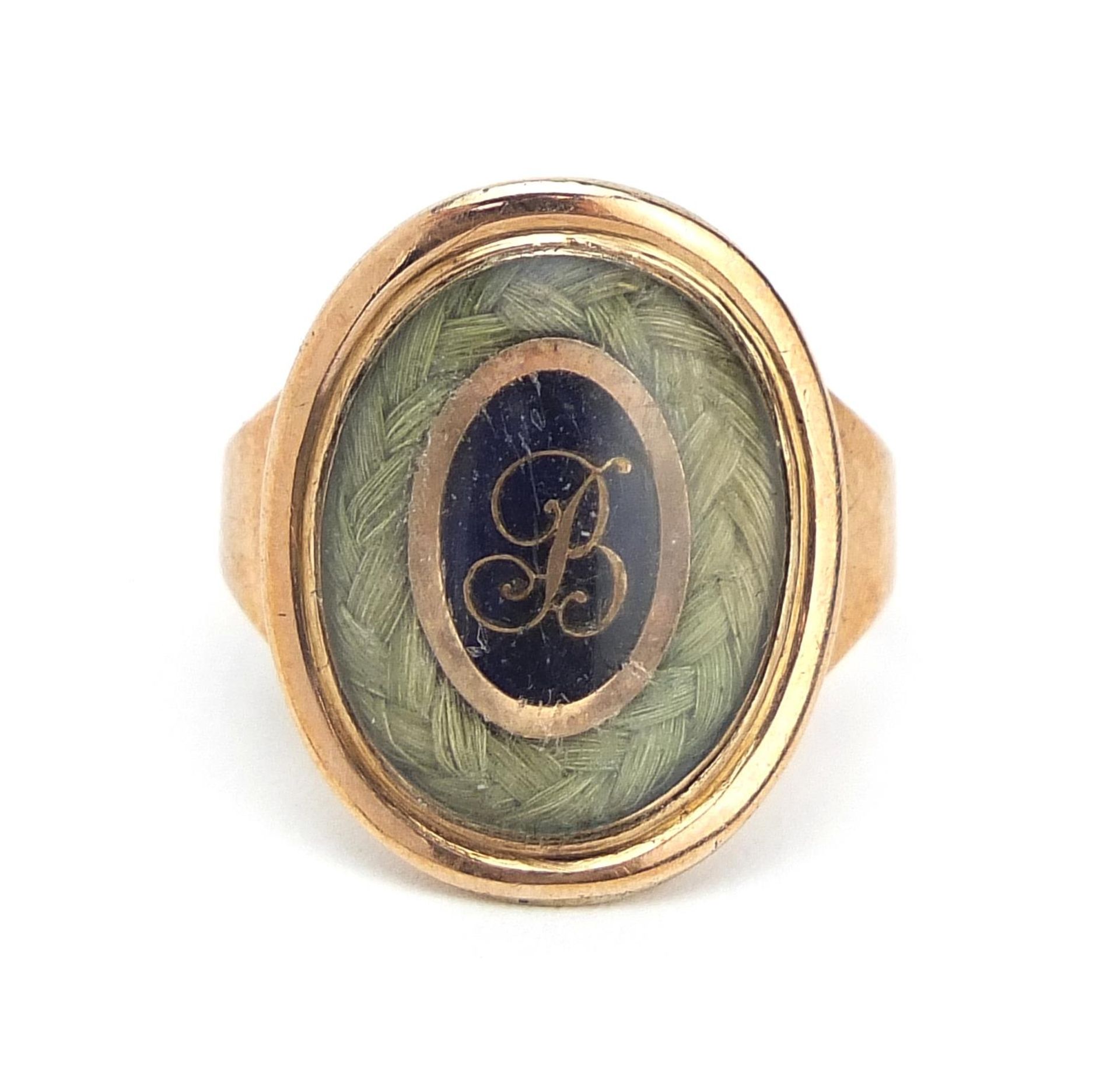 Georgian unmarked gold mourning ring with plaited hair, engraved William Bridge obt 4th March 1797