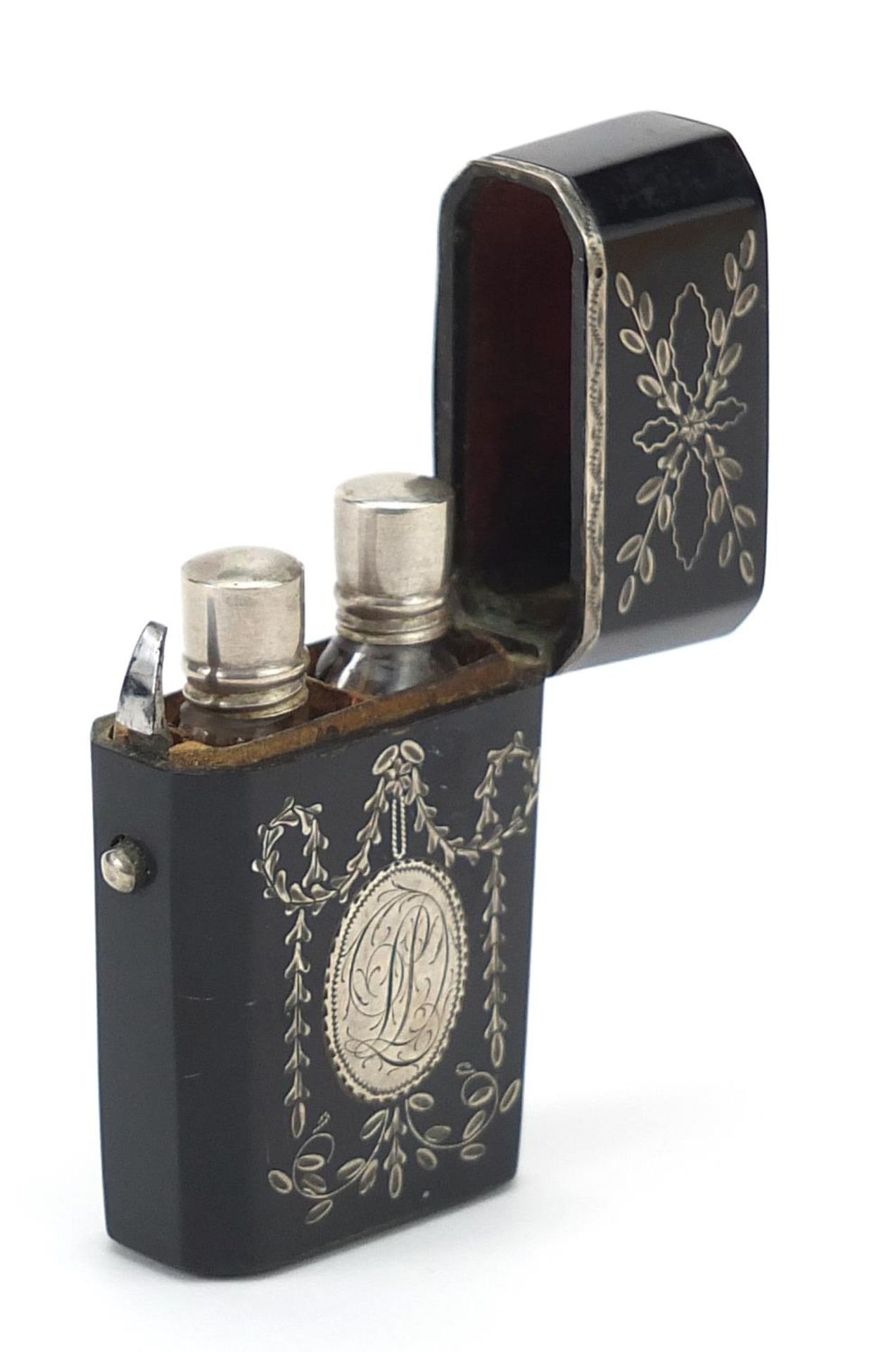 18th century tortoiseshell and silver piquet work scent bottle etui housing two glass scent - Image 4 of 5