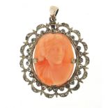 Antique silver marcasite pendant housing a coral panel carved with a maiden, housed in a fitted