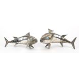 Graziella Laffi, two Peruvian articulated silver fish with turquoise eyes, 19cm and 17cm in