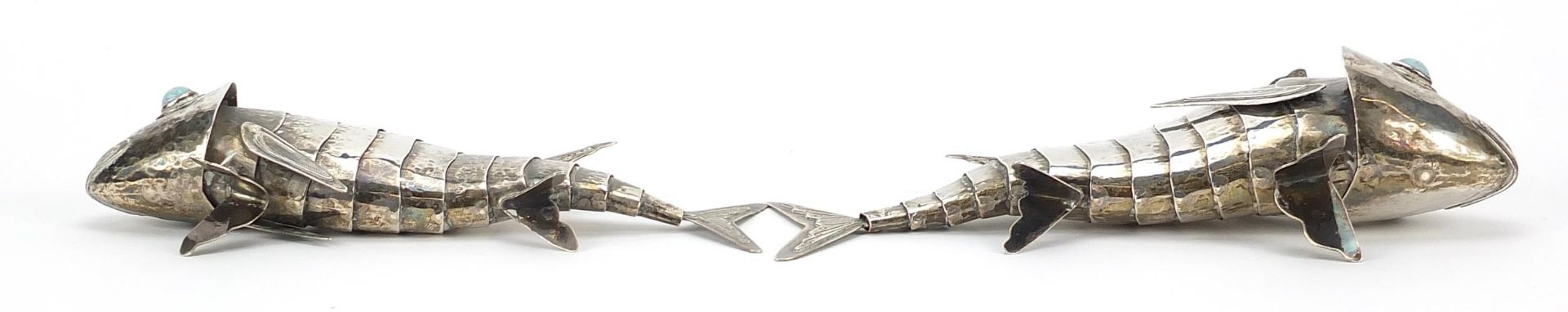 Graziella Laffi, two Peruvian articulated silver fish with turquoise eyes, 19cm and 17cm in - Image 3 of 4