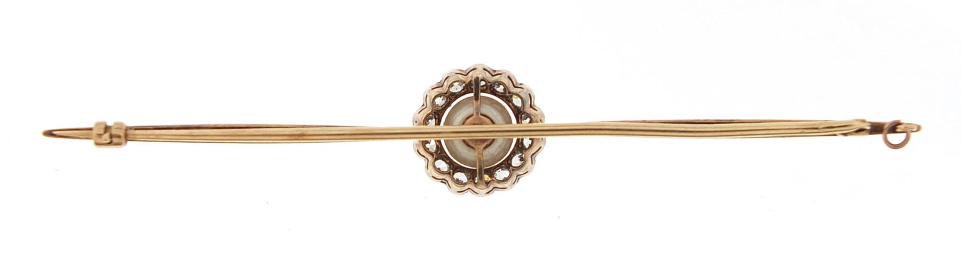 Unmarked gold pearl and diamond bar brooch, 7.5cm wide, 5.1g - Image 2 of 2