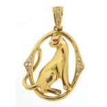14ct gold stylised cat pendant set with diamonds and rubies, 4.5cm high, 9.6g