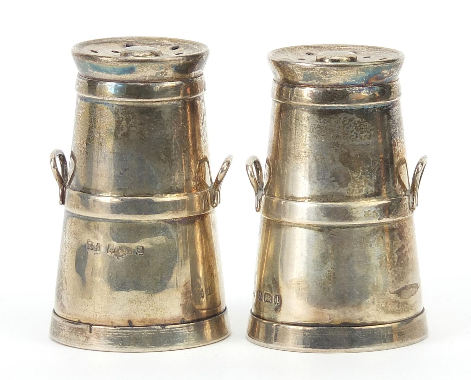 John Tongue, pair of Edwardian silver casters in the form of milk churns, Birmingham 1903, 4.8cm - Image 2 of 5