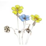 Sarah Jones, five contemporary 1980's silver flowers, four with enamel, various London hallmarks,