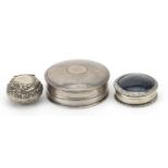 Victorian and later silver boxes comprising embossed pill box, circular patch box with hardstone lid