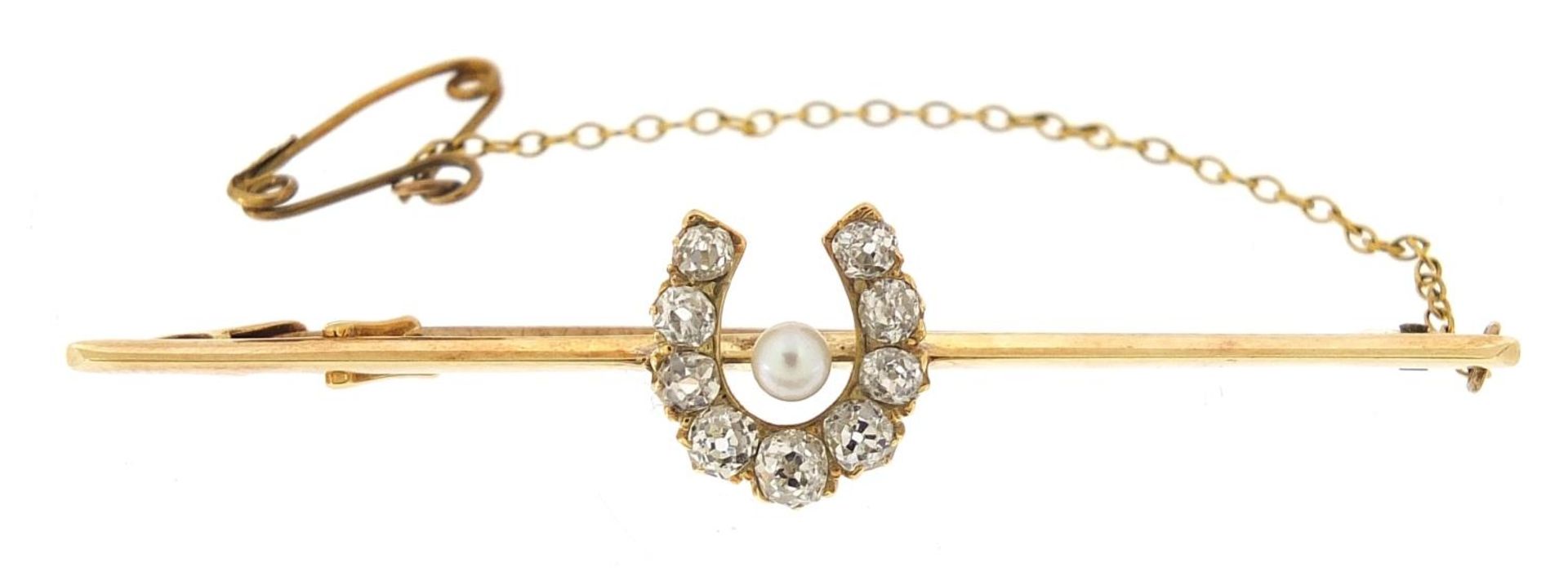 Unmarked gold diamond and pearl horseshoe bar brooch, the largest diamond approximately 0.11ct, - Image 3 of 6