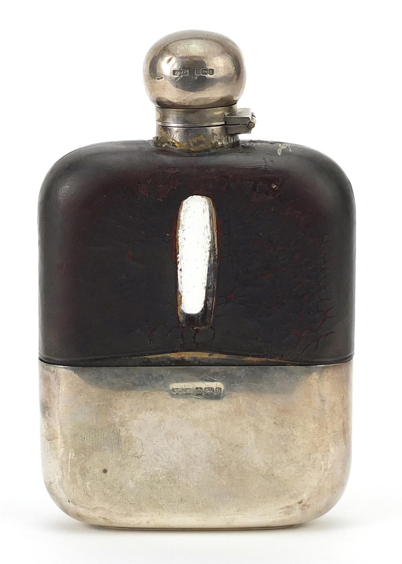James Dixon & Sons Ltd, Edwardian silver and leather mounted glass hip flask with detachable cup and - Image 2 of 5