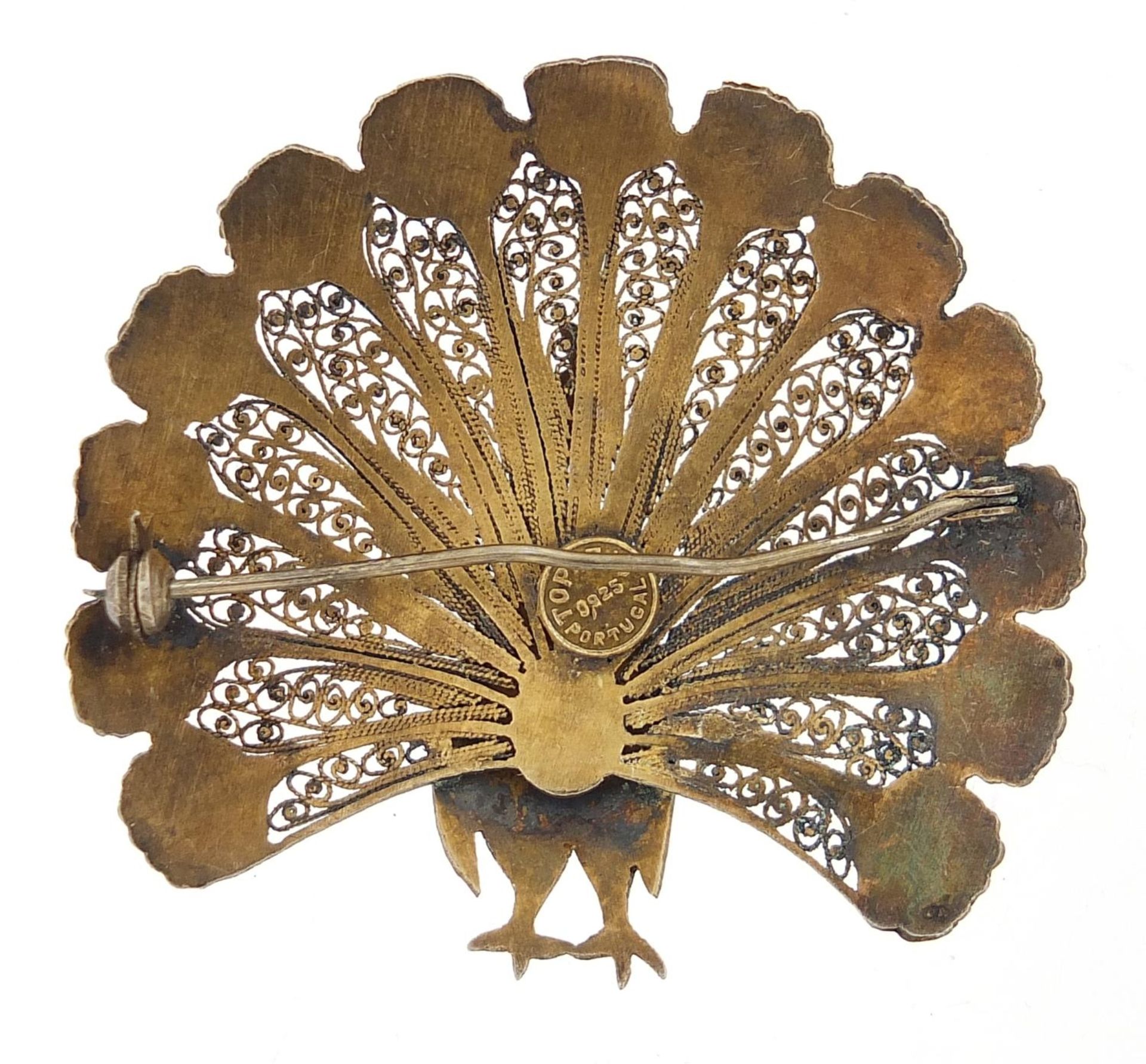 Topazio, Portuguese silver filigree and enamel peacock brooch, 5cm wide, 10.6g - Image 2 of 3