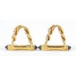 Pair of French high carat gold and sapphire stirrup cufflinks, each stamped Brevete S C D G,