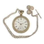 Waltham Mass, gentlemen's open face pocket watch on a graduated silver watch chain with T bar,