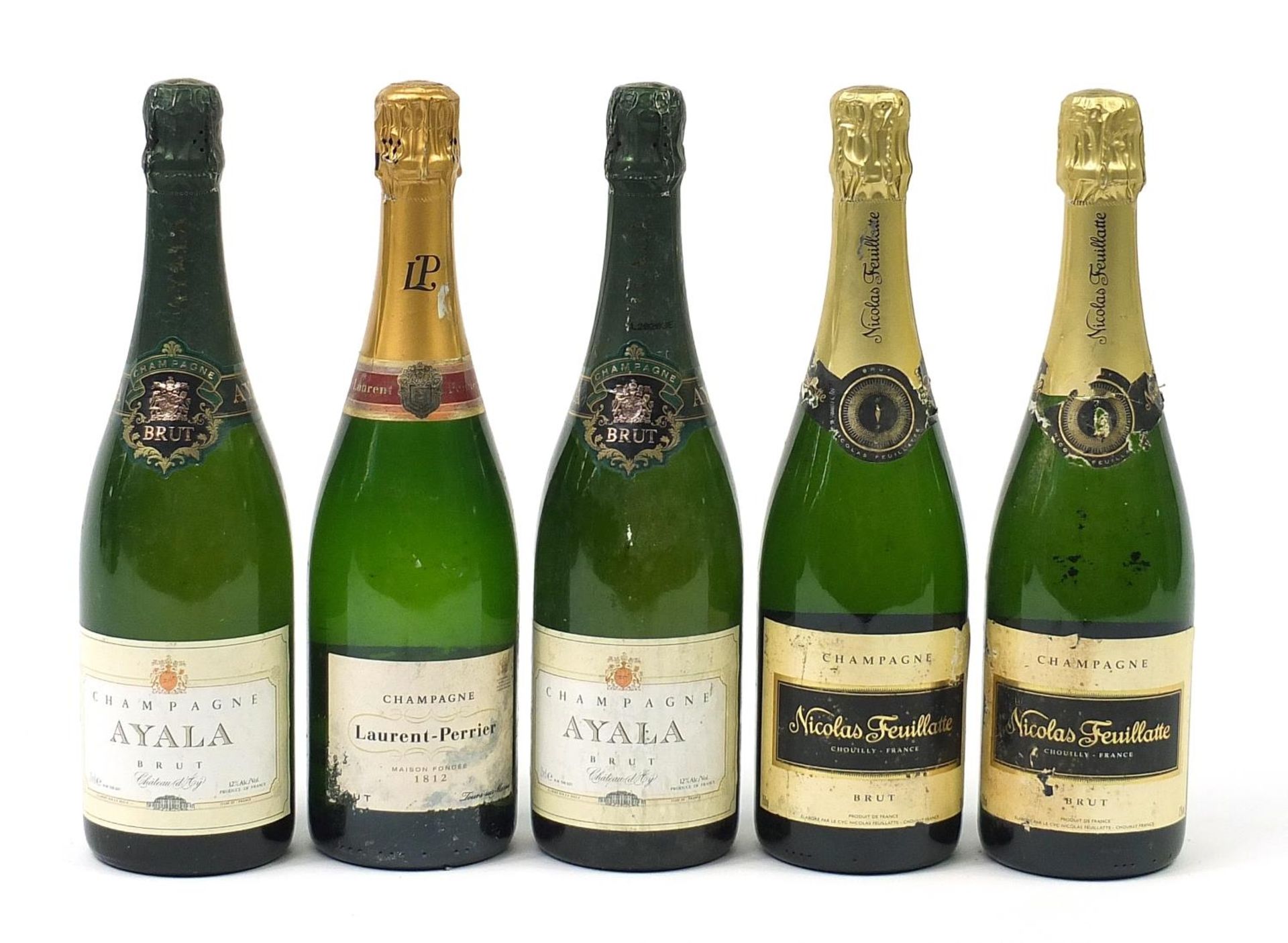 Five bottles of Champagne comprising Nicolas Feuillatte, Laurent-Perrier and Ayala