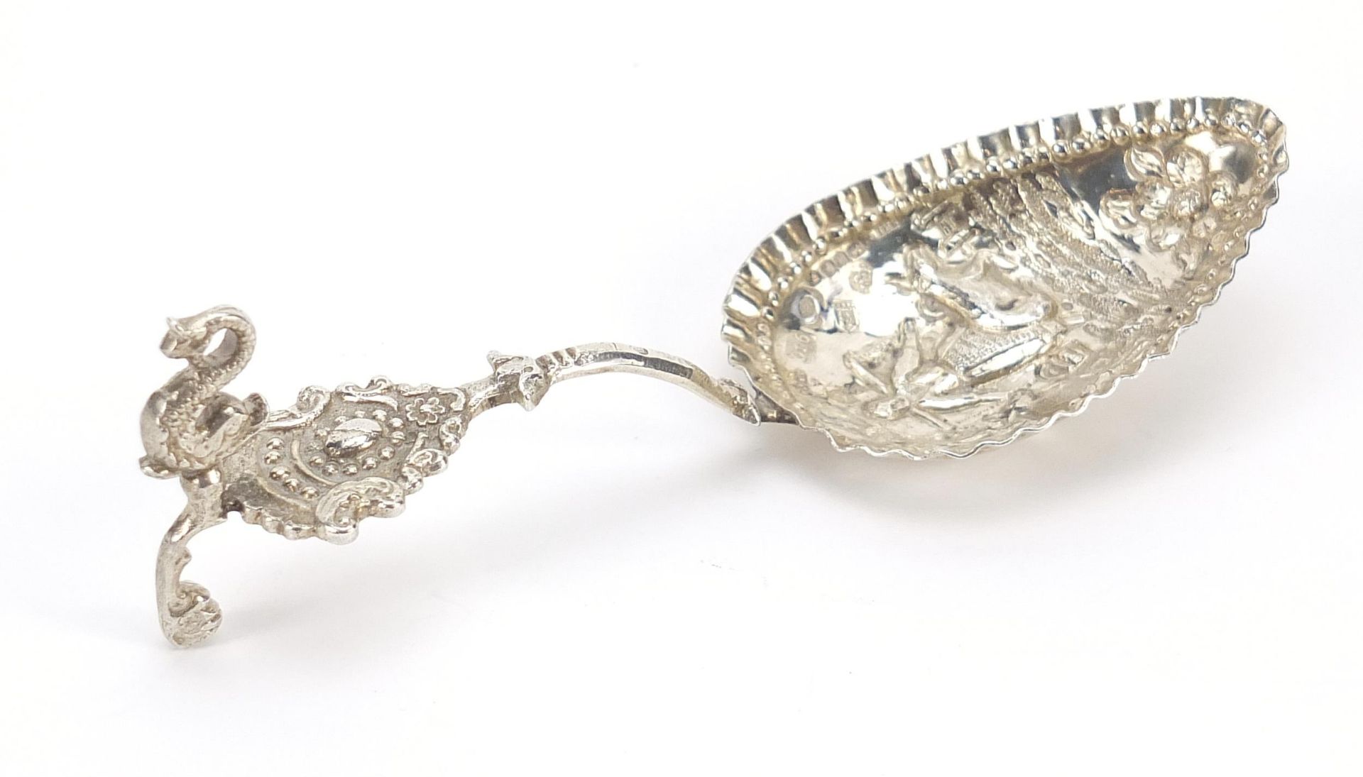 Antique Dutch silver caddy spoon, the bowl embossed with a lady farmer and cattle, indistinct - Image 3 of 4