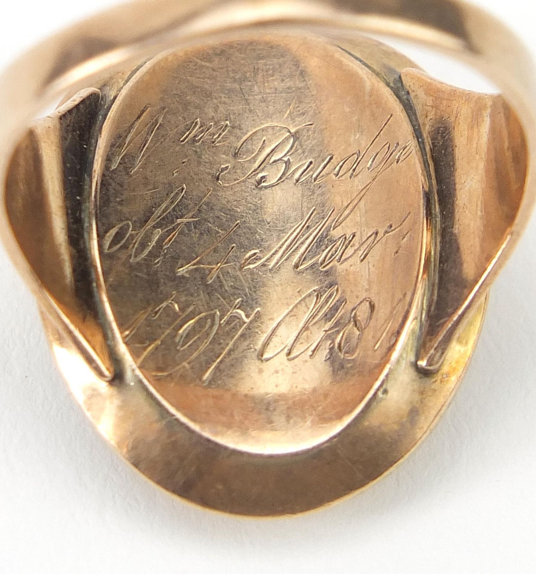 Georgian unmarked gold mourning ring with plaited hair, engraved William Bridge obt 4th March 1797 - Image 4 of 5