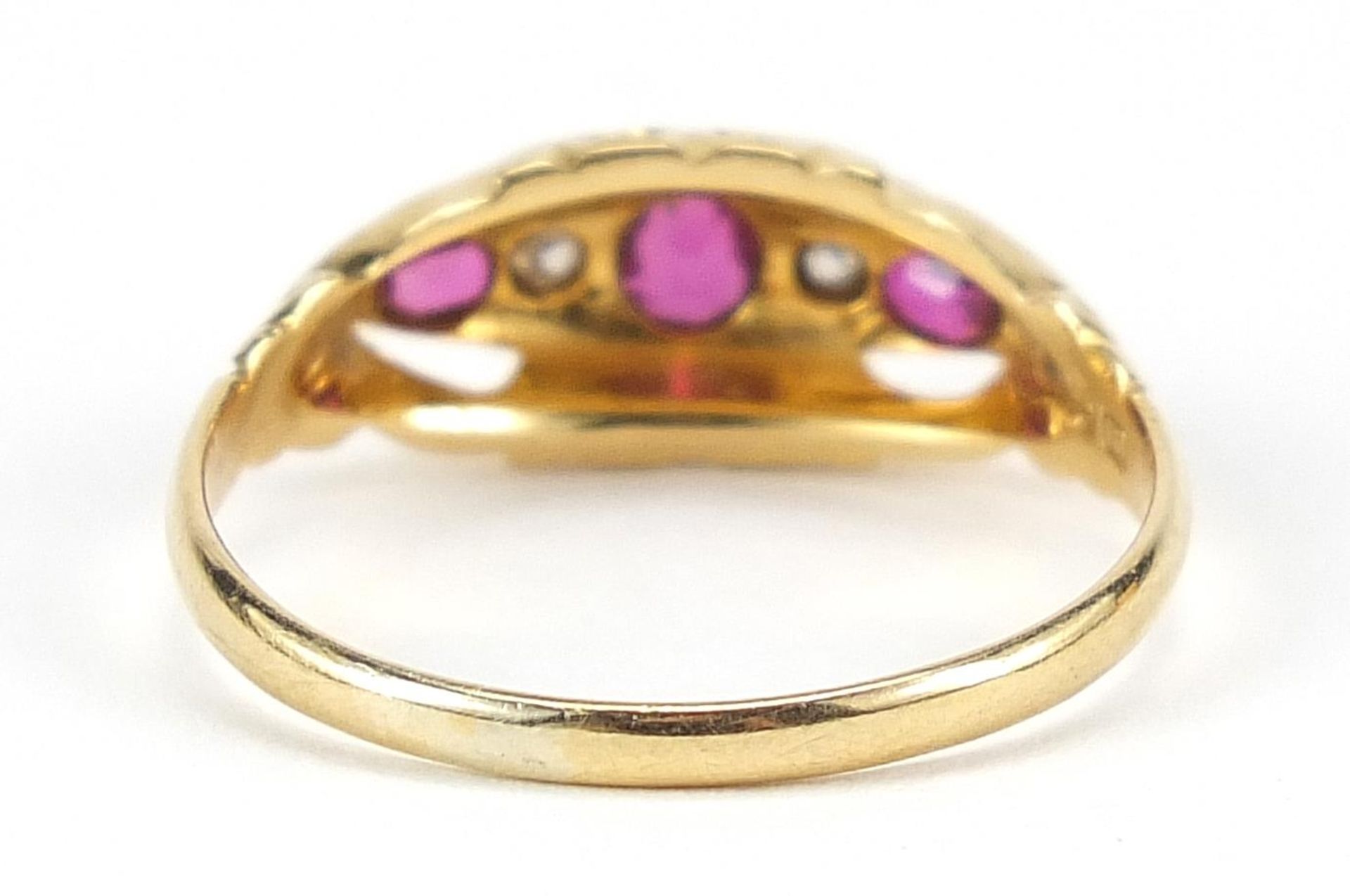 Antique 18ct gold ruby and diamond five stone ring with ornate setting, size P, 2.6g - Image 3 of 6