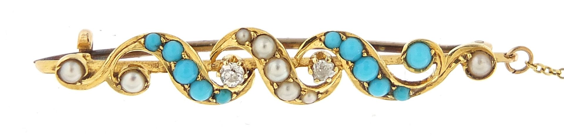 15ct gold diamond, turquoise and pearl bar brooch, 4.5cm in length, 3.9g