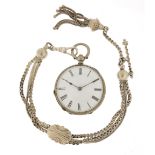 Ladies silver open face pocket watch with enamelled dial on a Victorian silver coloured metal