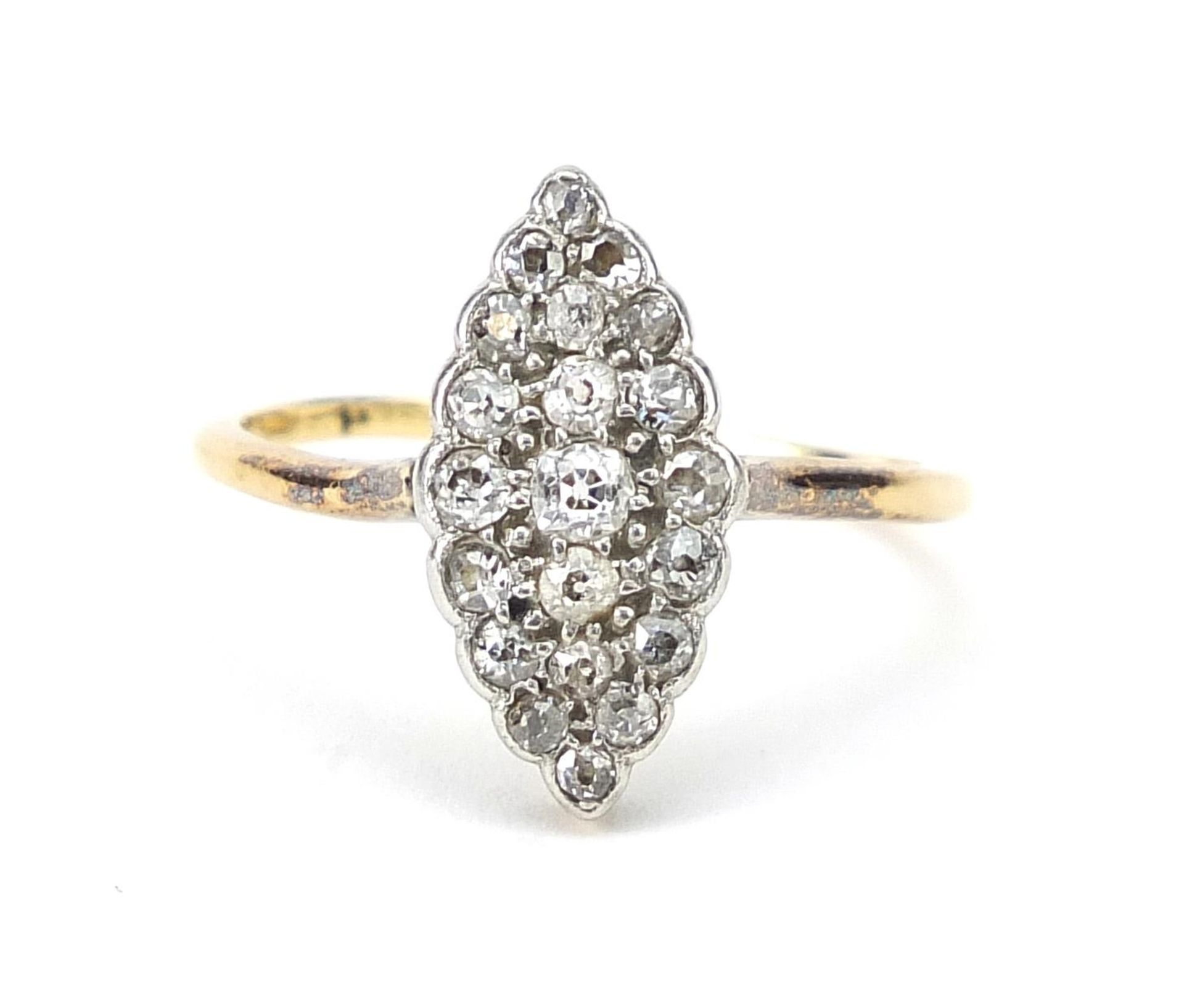 18ct gold marquise diamond cluster ring, size P, 2.7g