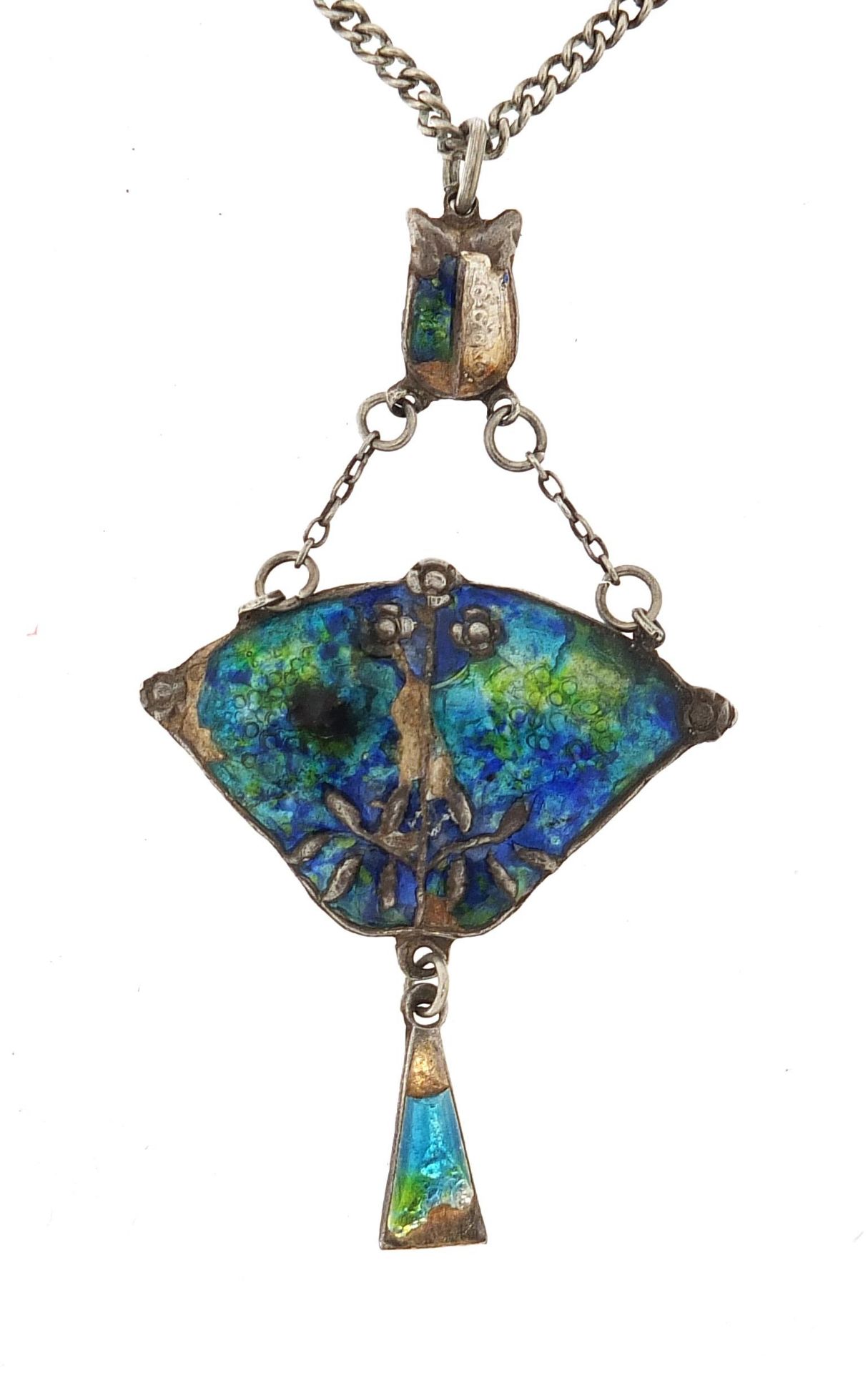 Art Nouveau unmarked silver and enamel pendant on a silver necklace, 7cm high and 38cm in length,