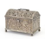 Antique Dutch silver jewel casket pierced and embossed with birds amongst flowers, 7.5cm H x 10.