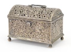 Antique Dutch silver jewel casket pierced and embossed with birds amongst flowers, 7.5cm H x 10.