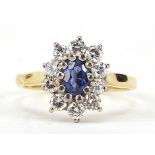 18ct gold sapphire and diamond cluster ring, each diamond approximately 2.2mm in diameter, size P,