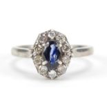 Unmarked white metal sapphire and diamond ring, size L, 2.7g