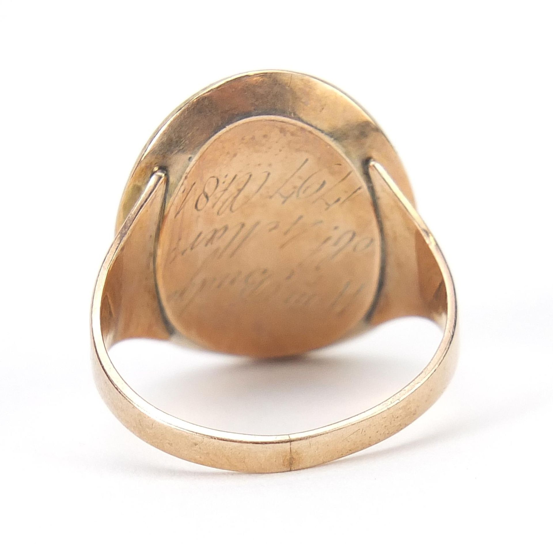 Georgian unmarked gold mourning ring with plaited hair, engraved William Bridge obt 4th March 1797 - Image 3 of 5
