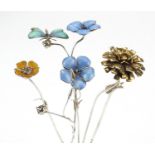 Sarah Jones, five contemporary 1980's silver flowers, three with enamel including one with a