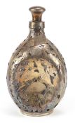 Chinese silver overlaid glass decanter with gin label, pierced and engraved all over with birds