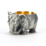 Heavy silver elephant open table salt with gilt interior, impressed Russian marks to the base, 4.5cm