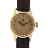 Omega, ladies 14ct gold wristwatch with leather strap and box, the movement numbered 16458110,