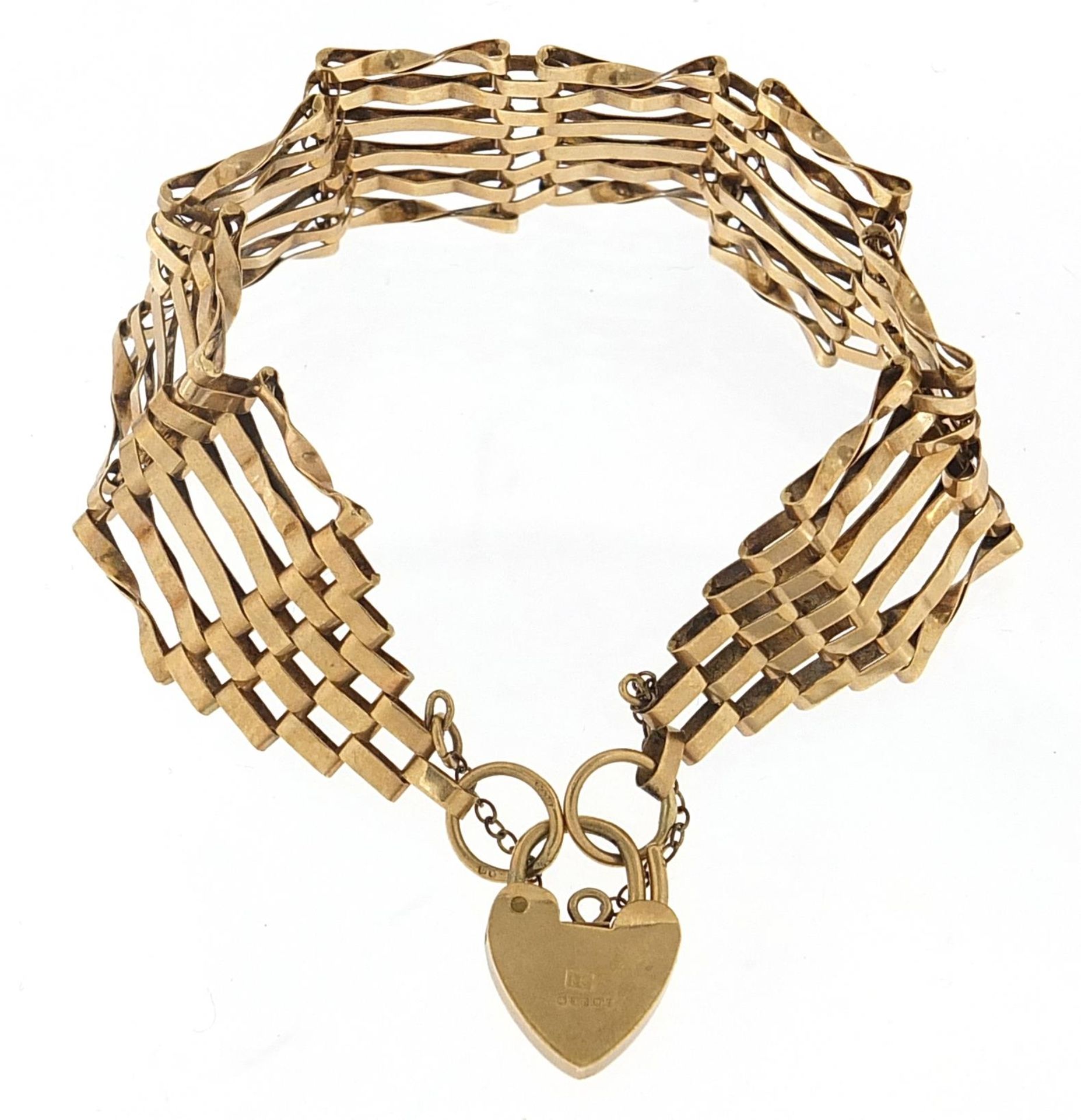9ct gold six row gate link bracelet with love heart padlock, 18cm in length, 12.8g - Bild 2 aus 3