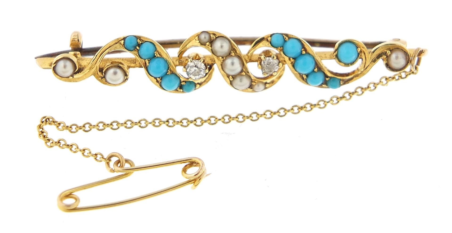 15ct gold diamond, turquoise and pearl bar brooch, 4.5cm in length, 3.9g - Bild 2 aus 3