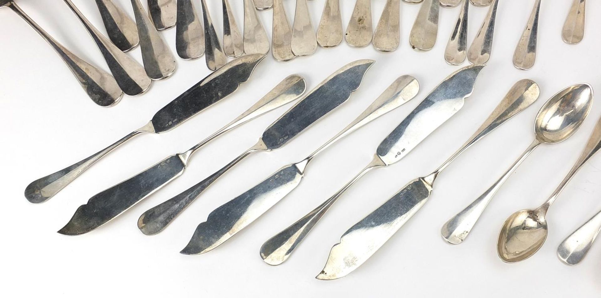 German silver cutlery including tablespoons, knives with steel blades, forks and teaspoons, the - Image 4 of 6