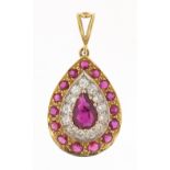 Unmarked gold ruby and diamond three tier tear drop pendant, total diamond weight approximately 0.