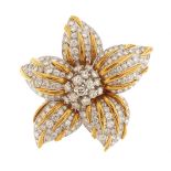 Good unmarked gold diamond flower brooch, the centre diamonds approximately 3mm in diameter, 5cm