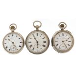 Three gentlemen's silver open face pocket watches with enamelled dials including one retailed by J B