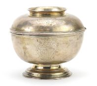 Richard Gurney & Thomas Cook, George II silver footed bowl and cover engraved with a crest, London