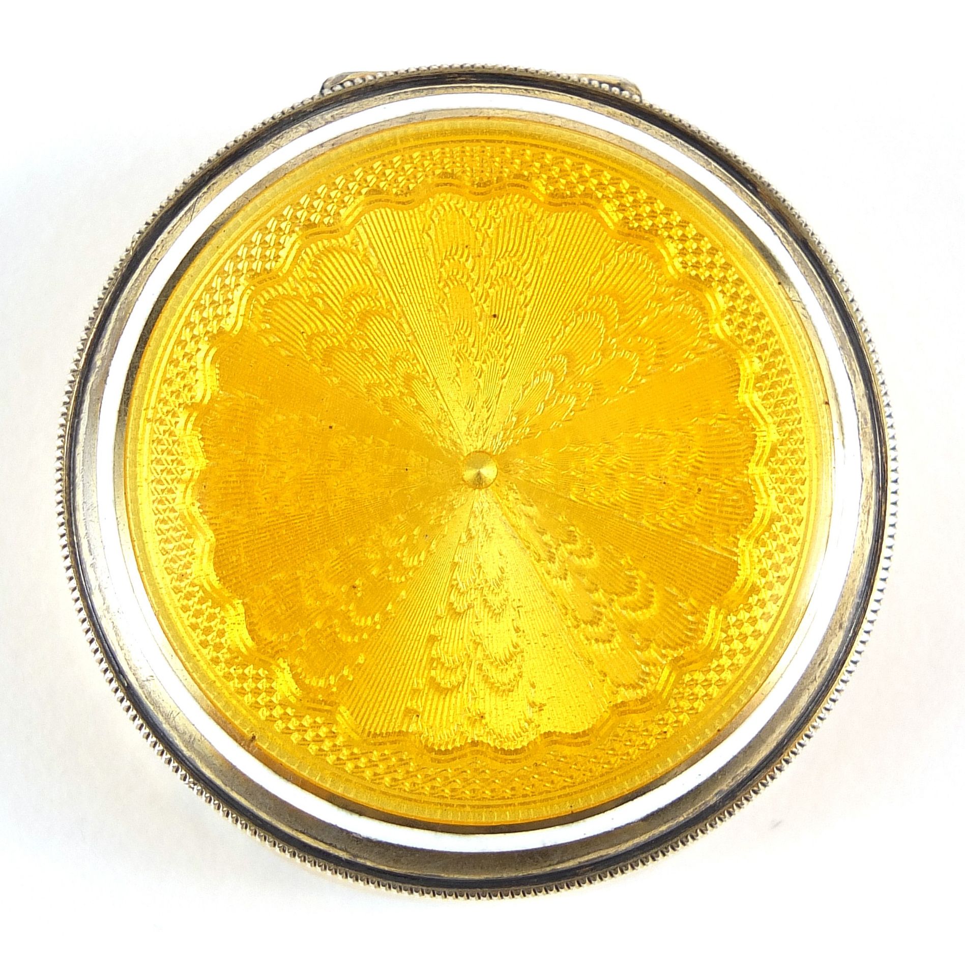 Continental 935 silver and yellow guilloche enamel pill box with hinged lid and mirrored interior, - Image 2 of 6