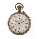Vintage gentlemen's open face chronograph pockewt watch with enamelled dial, 51mm in diameter