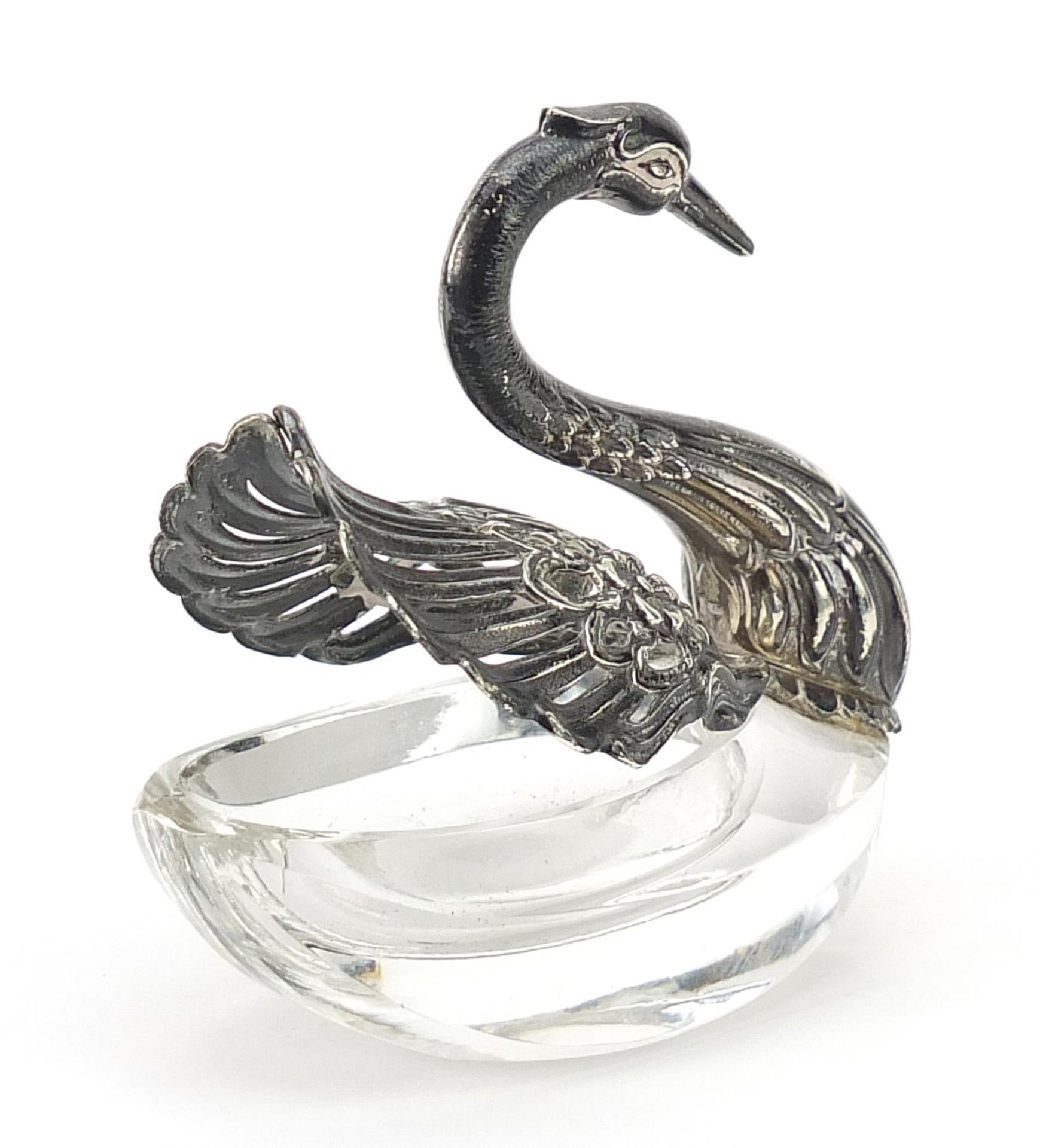 Novelty silver and cut glass swan table salt, stamped import marks to the wings, 7cm high, 86.2g - Image 2 of 4