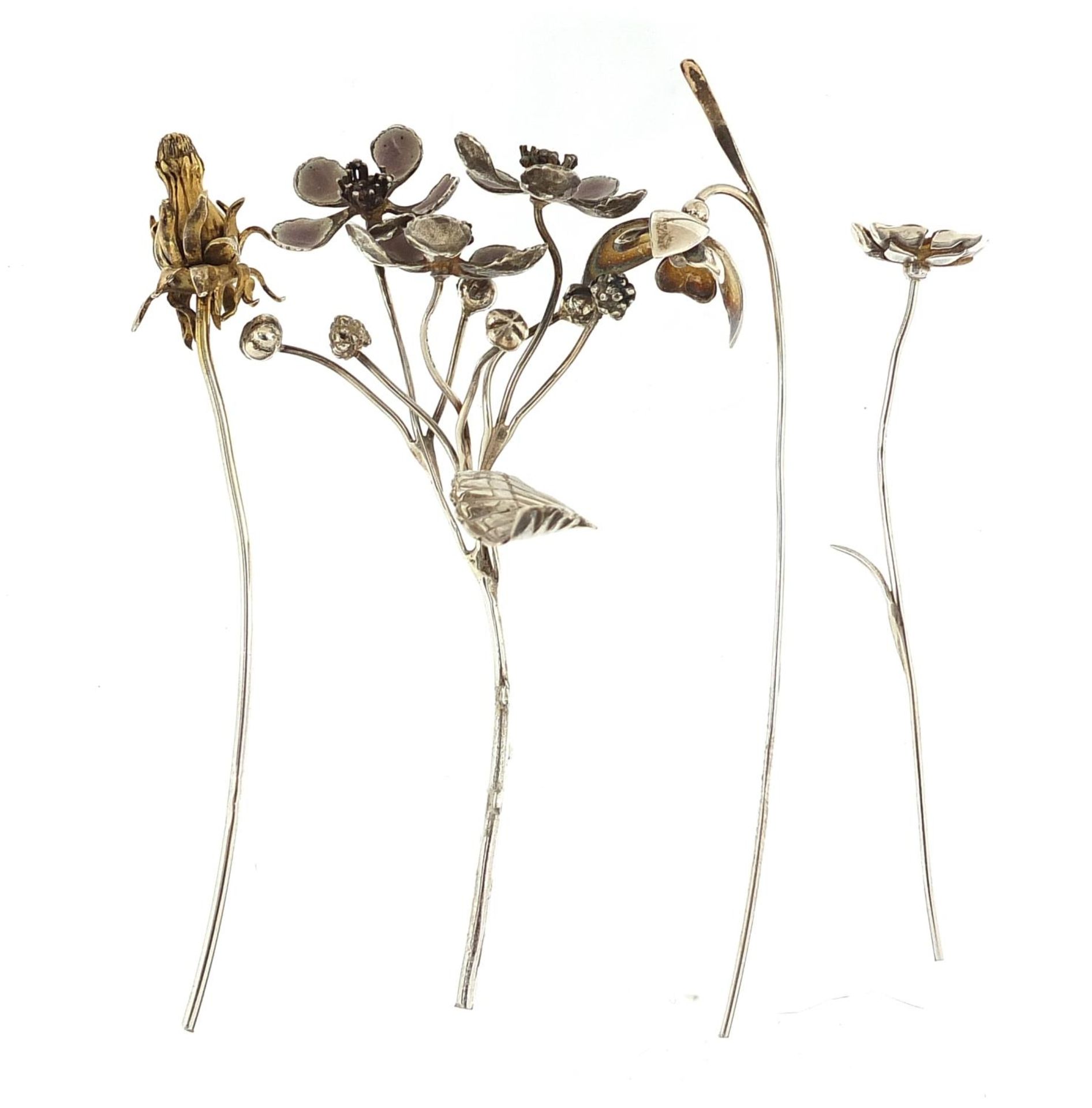 Sarah Jones, four contemporary 1980's silver flowers, two with enamel including a thistle, various - Image 2 of 4