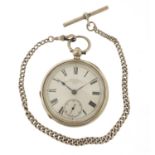 Waltham Mass, gentlemen's silver open face pocket watch on a graduated silver watch chain, the