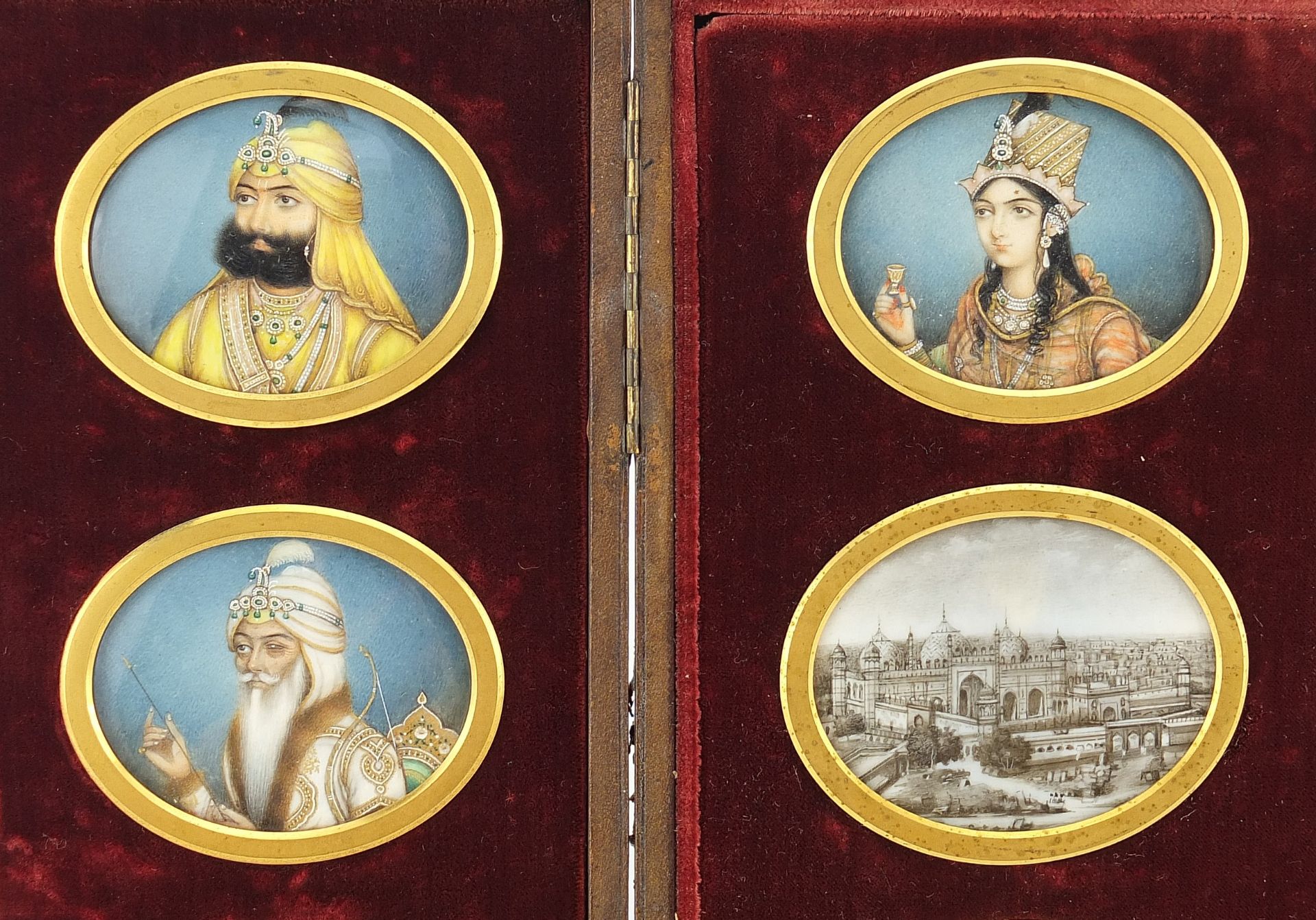Sixteen Indian Mughal oval portrait miniatures hand painted onto ivory of temples and - Image 2 of 7