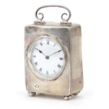 Edwardian silver cased carriage clock with enamelled dial, indistinct maker's mark Birmingham