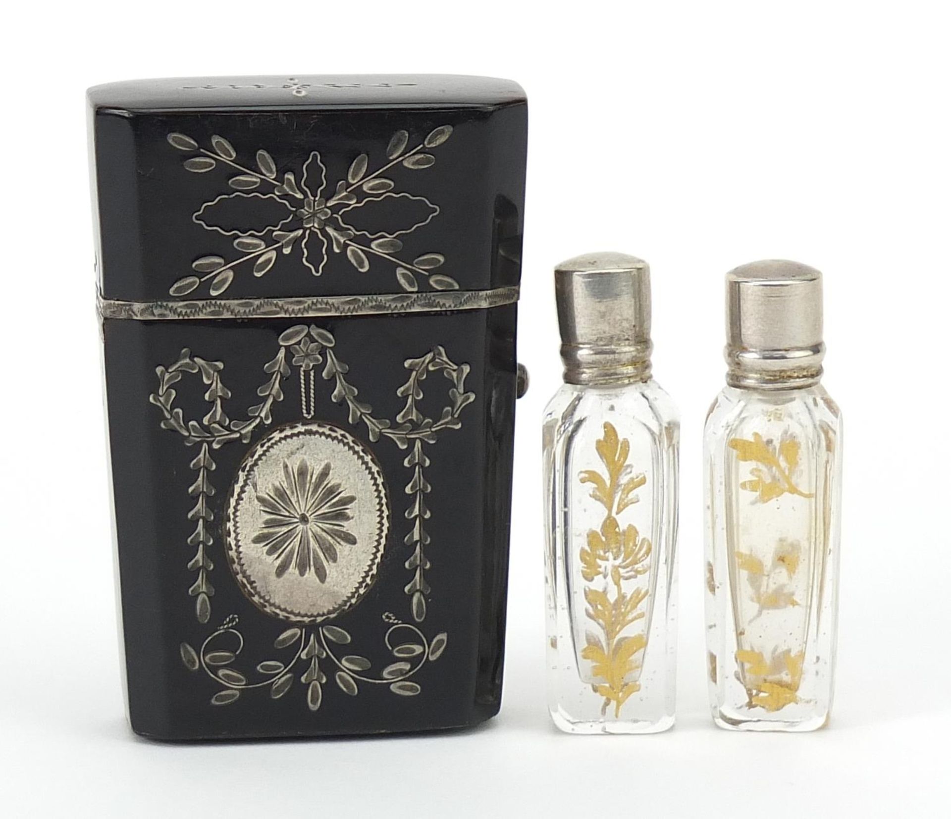 18th century tortoiseshell and silver piquet work scent bottle etui housing two glass scent - Image 3 of 5