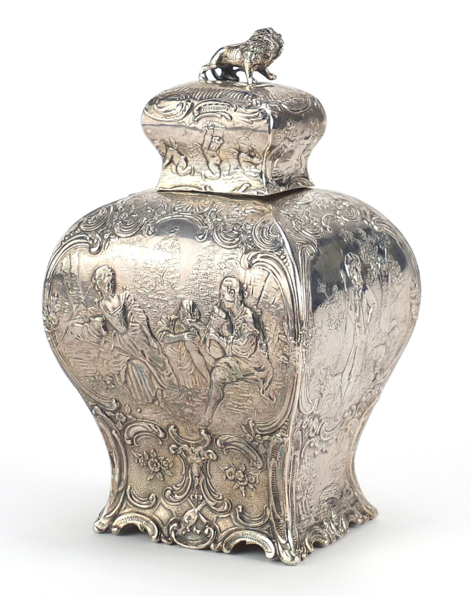 Antique Dutch silver caddy embossed with figures playing musical instruments, shepherd and Putti, - Image 2 of 4