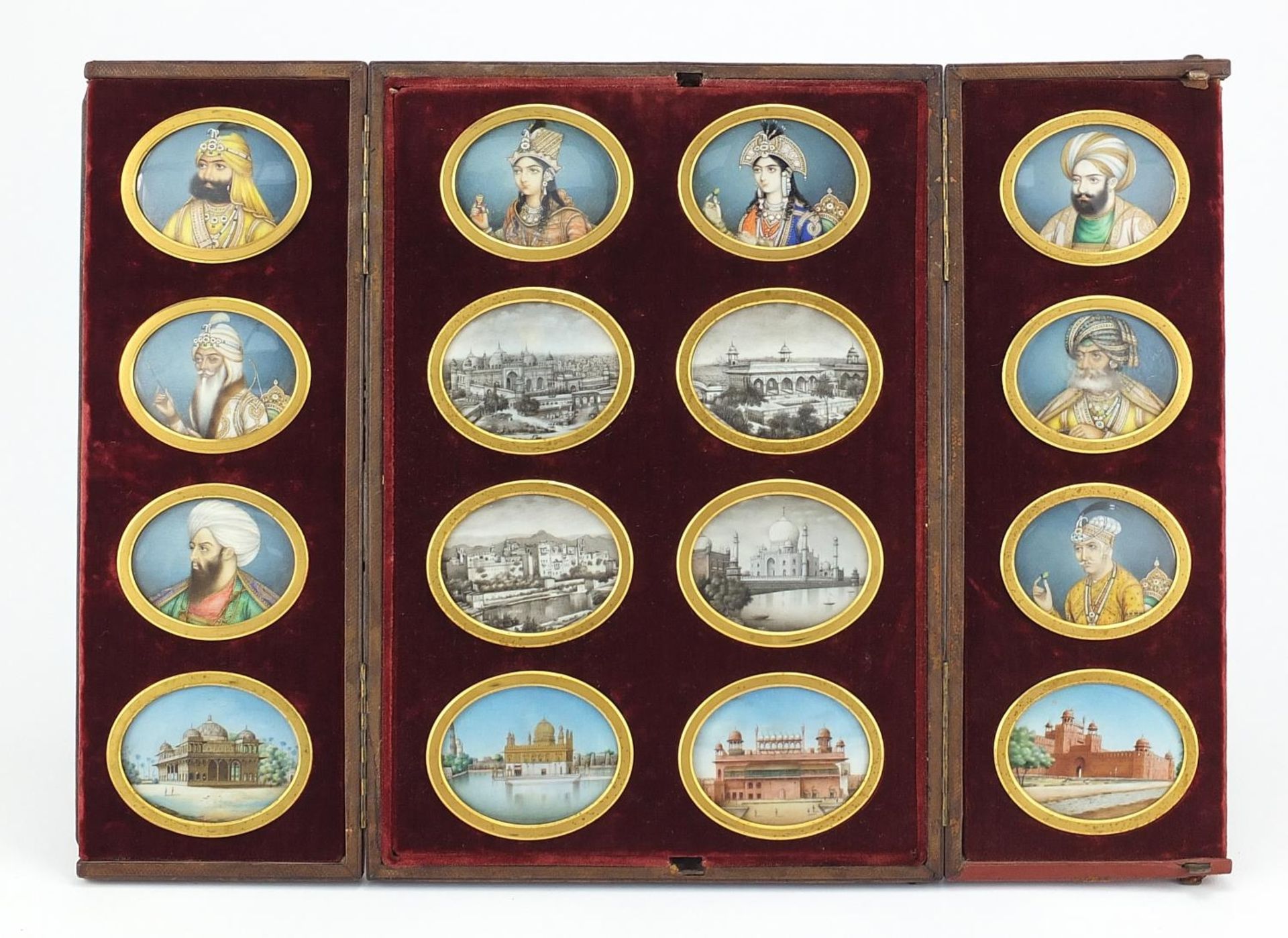 Sixteen Indian Mughal oval portrait miniatures hand painted onto ivory of temples and